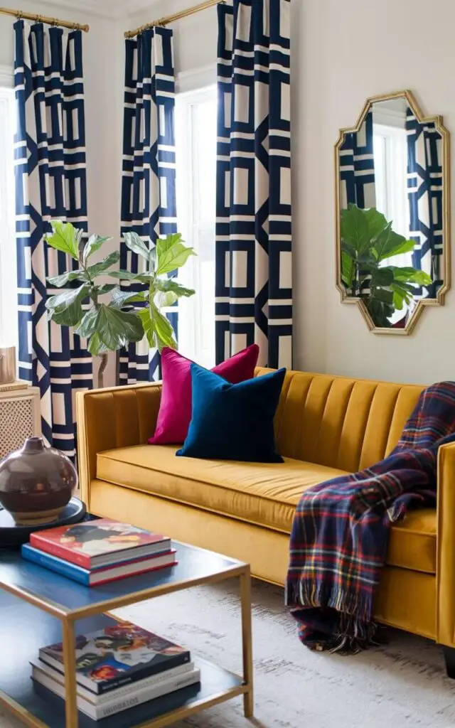 A vibrant living room with bold geometric-patterned curtains in navy and white. There's a cozy mustard-yellow velvet sofa adorned with jewel-toned throw pillows and a plaid blanket. A gold-framed coffee table holds colorful coffee table books and a ceramic vase. Nearby, a fiddle leaf fig plant adds life, and a statement wall mirror reflects the lively energy of the room.