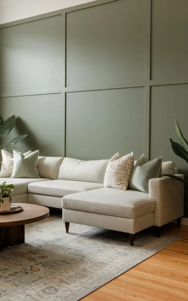 A photo of a sleek and stylish sage green living room with a prominent accent wall painted in a rich sage green shade. A cozy light gray sectional sofa is positioned against the wall, adorned with sage green and cream throw pillows for added texture. A round wooden coffee table sits on a patterned area rug. Natural wood flooring and a few leafy plants complete the inviting design.