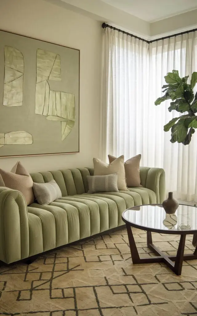 A photo of a sage green living room with a plush sage green sofa. The sofa is layered with neutral and sage-colored throw pillows and sits atop a geometric-patterned rug. A round dark wooden glass coffee table holds a small vase. A large abstract painting with sage green accents hangs on the wall. Sheer white curtains and a tall fiddle-leaf fig plant brighten the space.