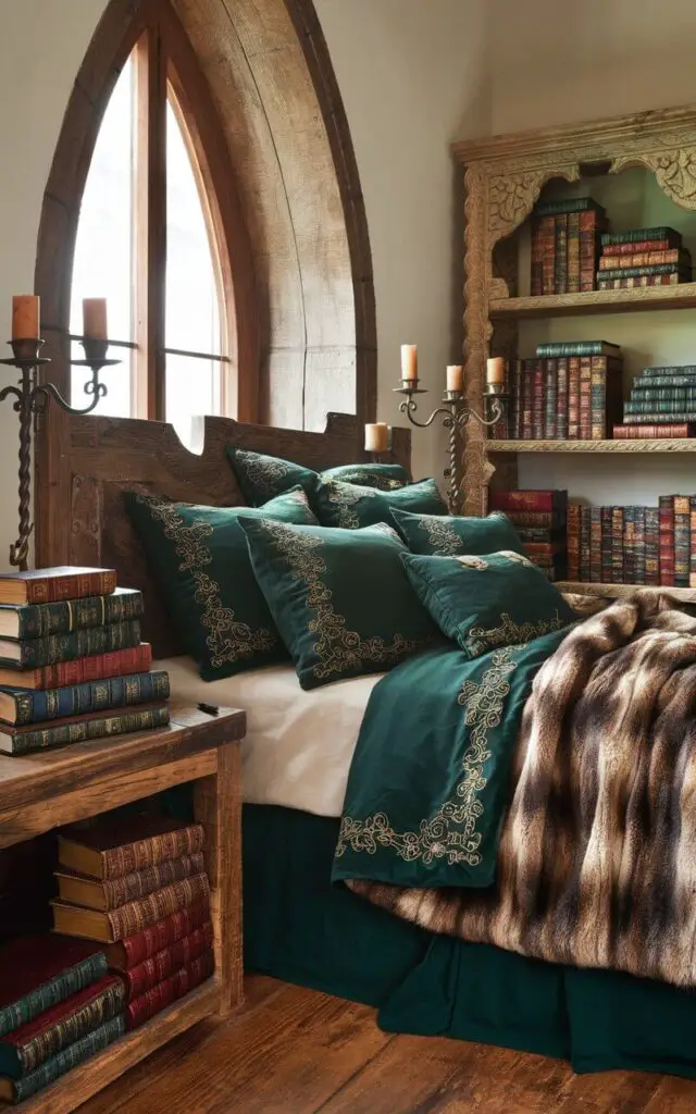 A medieval bedroom with a cozy bed. The bed has a rustic wooden nightstand stacked with leather-bound, mystical books. The books are also displayed on a carved bookshelf in one corner of the room. The bed is dressed in deep green bedding with gold embroidery and a faux fur throw for added warmth. A large, wooden arched window lets in natural light. Wrought iron candlesticks on the nightstand enhance the medieval ambiance.