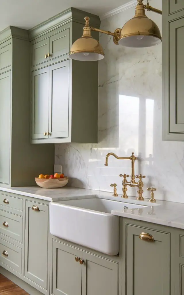 A sophisticated sage green kitchen with brass fixtures as the perfect complement. The sage green cabinetry features elegant brass handles and knobs, while a brass faucet gleams against a white farmhouse sink. Overhead, brass pendant lights provide a touch of luxury, casting a warm glow across the room. The design is tied together with a marble backsplash and countertops.