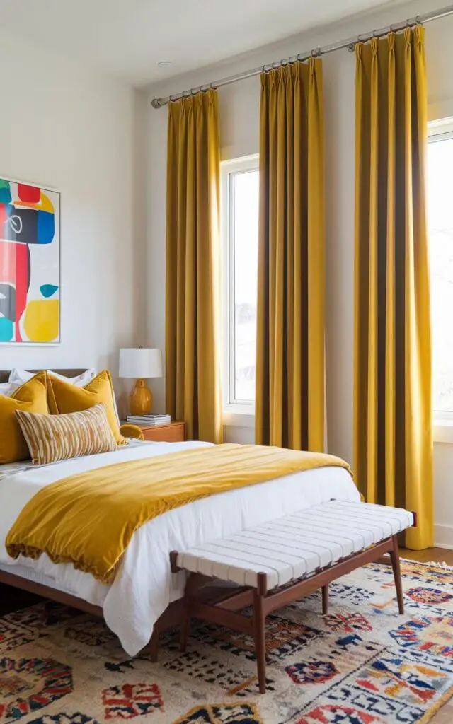 A vibrant bedroom with bold mustard yellow curtains hanging from a sleek silver rod. The curtains inject energy into the space. A cozy bed with layers of white and mustard bedding sits beneath the window, complemented by a colorful abstract painting above. A patterned area rug and mid-century modern wooden furniture create a cheerful and balanced atmosphere.