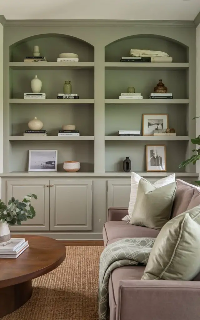 A photo of a contemporary living room with a sage green color scheme. There are built-in thick shelves painted in a muted sage green shade, filled with books, vases, and framed photos in neutral tones. A taupe sofa sits nearby, complemented by sage green throw pillows and a woven rug. A round wooden coffee table holds a small potted plant. The room has a layered and curated look.