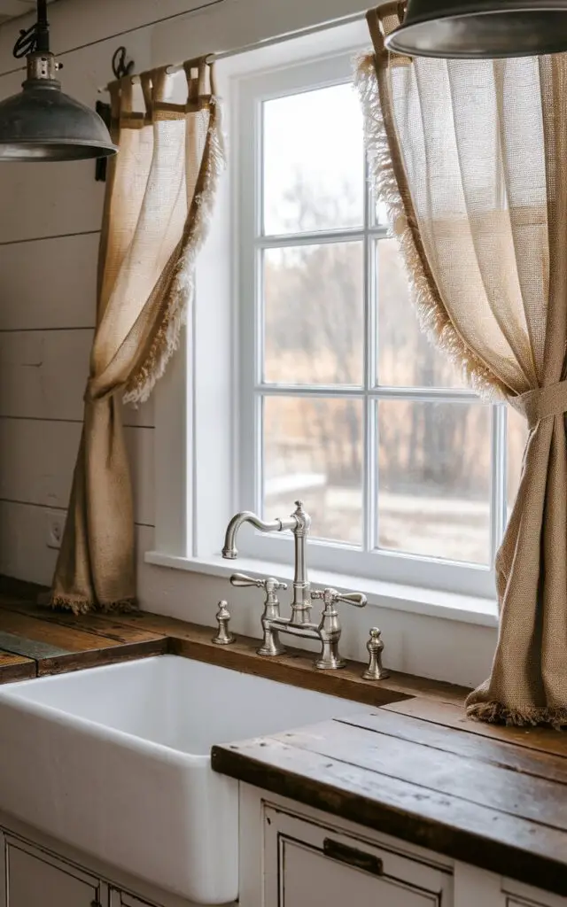 A photo of a rustic farmhouse kitchen with a sink and a brushed nickel faucet. There is a window above the sink, with burlap curtains and frayed edges. The countertop is made of reclaimed wood. There are industrial-style pendant lights hanging over the sink.