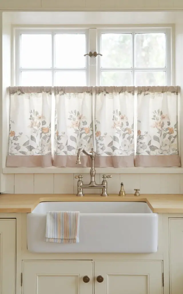 A charming farmhouse kitchen with a white ceramic sink and a brushed nickel faucet. There is a café-style kitchen window with curtains above the sink. The curtains cover the bottom half of the window and feature a delicate floral print in muted pastel shades. The cream-colored cabinetry and the overall cozy cottage charm of the space are highlighted.