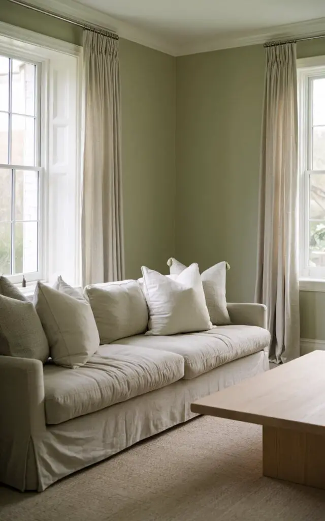 A serene sage green living room with walls painted in a soft sage hue, featuring a very cozy beige sofa adorned with plush throw pillows. The room includes a light wood coffee table, minimalistic decor, and large windows letting in natural light, creating a peaceful and inviting ambiance. The walls are complemented by white trim and neutral-toned curtains, offering balance and warmth.