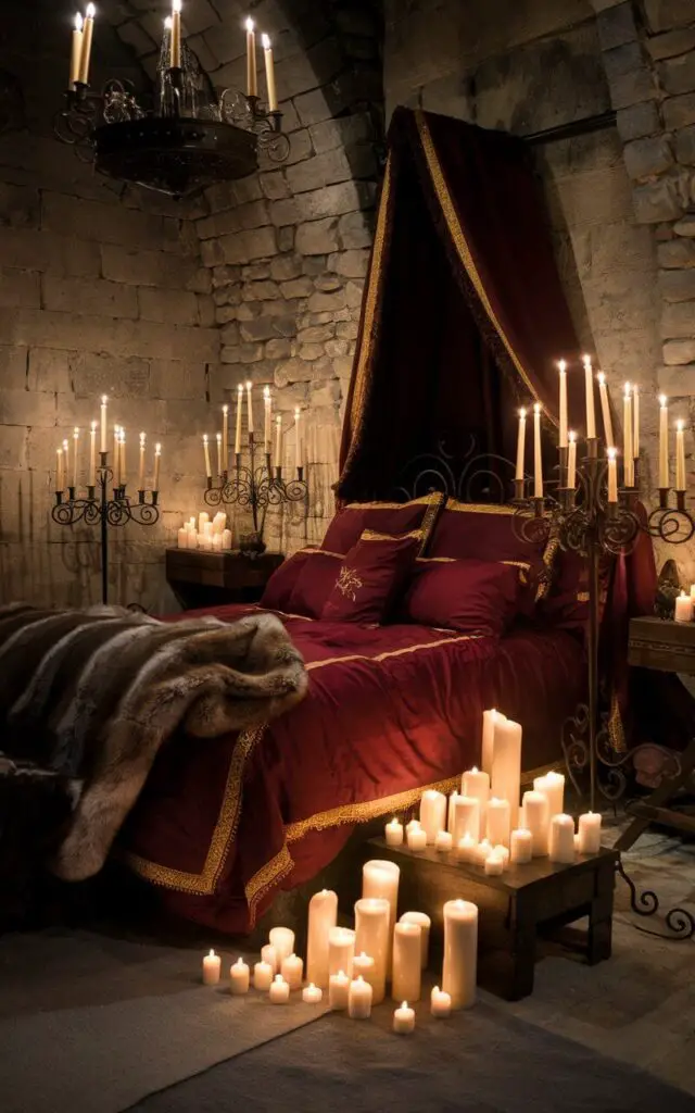 A photo of a medieval bedroom illuminated by the soft glow of ritualistic candles. The cozy bed is surrounded by wrought iron candelabras, casting flickering light across the stone walls. The bed is dressed in plush, crimson bedding with gold trim, and a fur throw adds a rustic touch. A wooden nightstand holds an array of candles in different sizes, while a grand chandelier overhead completes the moody atmosphere. The scene evokes a mystical and serene medieval vibe.