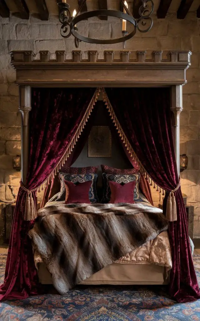 A photo of a grand medieval bedroom with a cozy bed beneath an ornate wooden canopy. The bed's curtains are made of luxurious burgundy velvet, tied back with golden tassels. The bedding includes embroidered sheets and plush pillows in deep jewel tones. A fur throw adds a rustic yet elegant touch. The walls are lined with stone, and a wrought iron chandelier hangs overhead.