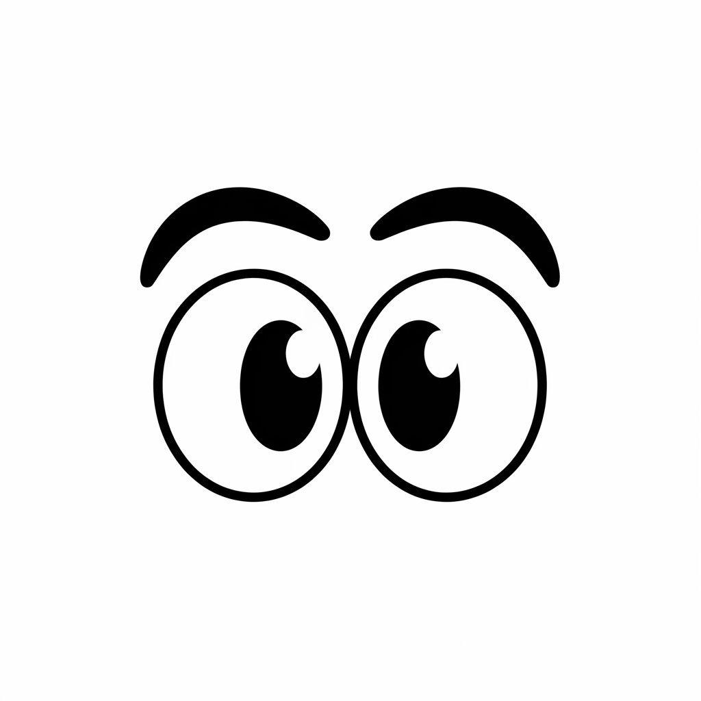 A cartoonish eye with exaggerated features, including a large, oval-shaped pupil and arched eyebrow. The wide-eyed expression conveys curiosity, surprise, or attentiveness. The style is simple, clean, and minimalistic, making it perfect for illustrations, animations, or playful designs.