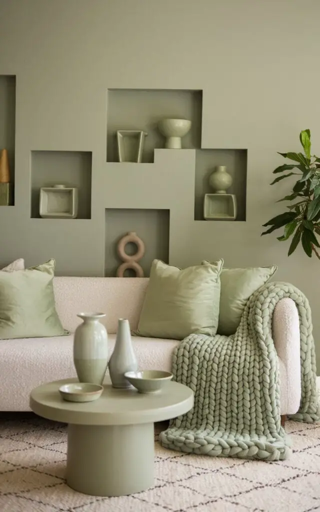 A photo of a beautifully styled sage green living room with a collection of ceramic decor pieces in varying shades of sage. A very cozy white sofa is decorated with sage green cushions and a chunky knit throw. A sage green walls, A small round coffee table displays sage green ceramic vases and bowls. The room also features a neutral area rug, and a potted plant for a touch of greenery.