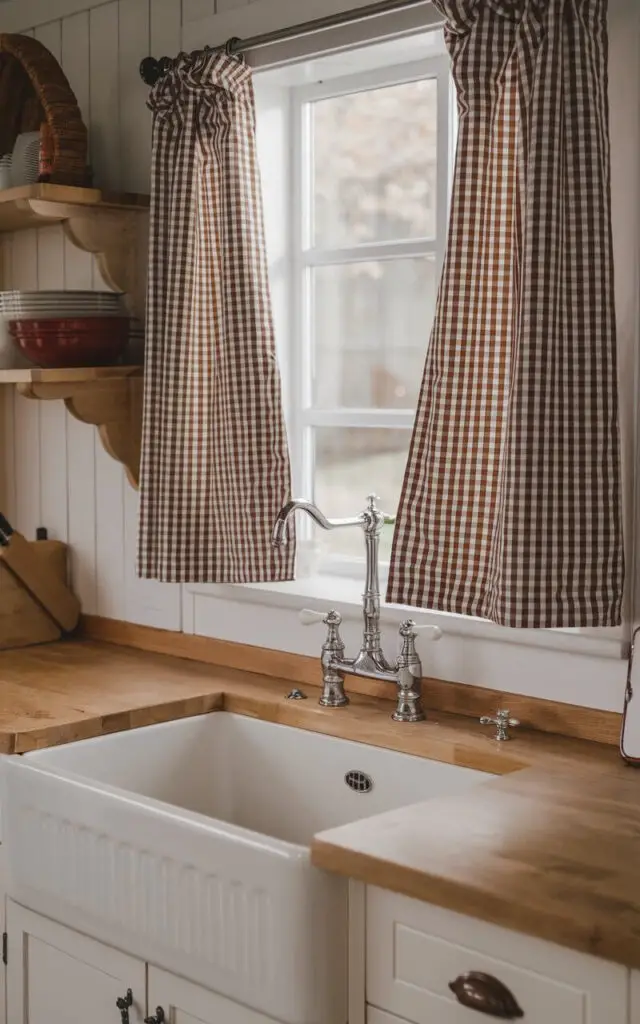 A photo of a quaint farmhouse kitchen with a ceramic apron-front sink and a chrome faucet. The sink is placed near a charming checked kitchen window curtains with a classic red and white gingham pattern. The curtains frame the kitchen sink. The kitchen has wooden countertops and rustic accents. The overall ambiance is cozy and cottage-inspired.