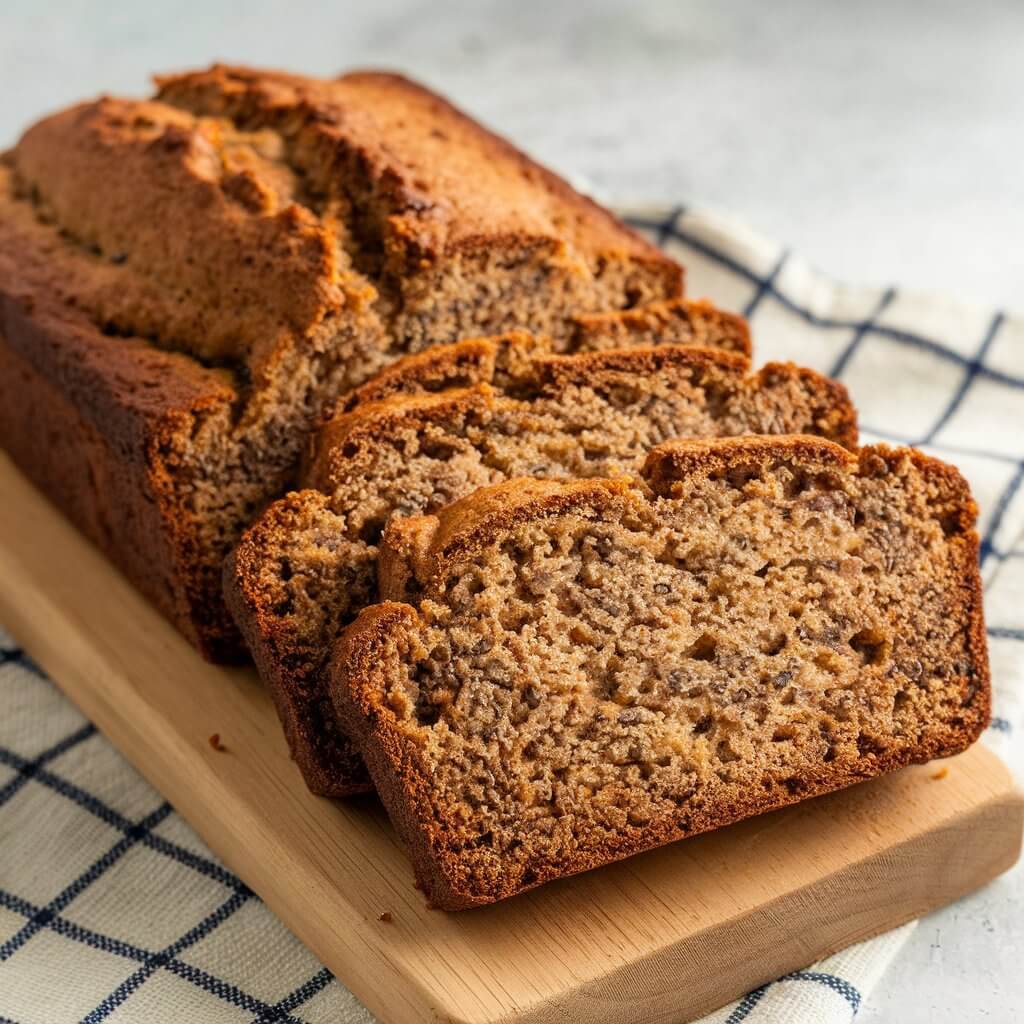 A photo of a freshly baked banana bread on a wooden board. The bread has a rich golden-brown crust and a slightly rustic, cracked top. The slices reveal a moist and textured interior, speckled with chia seeds and bits of banana. The bread is placed on a checkered cloth. The background is a white surface. The lighting is soft and natural.