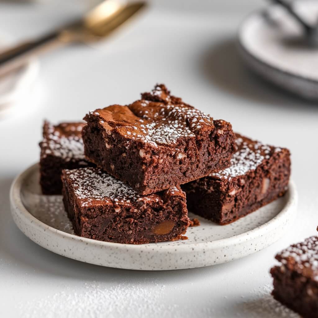 A photo of a white ceramic plate with a few rich, fudgy brownies. The brownies have crisp edges and gooey centers. They are dusted lightly with powdered sugar and contain tiny specs of chia seeds. The background is minimalistic, with a white surface and a few utensils. The lighting is soft and natural, emphasizing the freshness and healthiness of the snack.