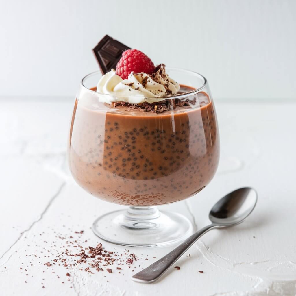 A bright and inviting scene of a glass dessert dish filled with silky chocolate pudding. The pudding has a glossy and smooth texture, with flecks of tiny chia seeds throughout. On top of the pudding, there is a dollop of whipped cream, a raspberry, and a sprinkle of grated dark chocolate. A dessert spoon rests beside the dish. The setting is a white, minimalist surface with a clean and simple presentation.