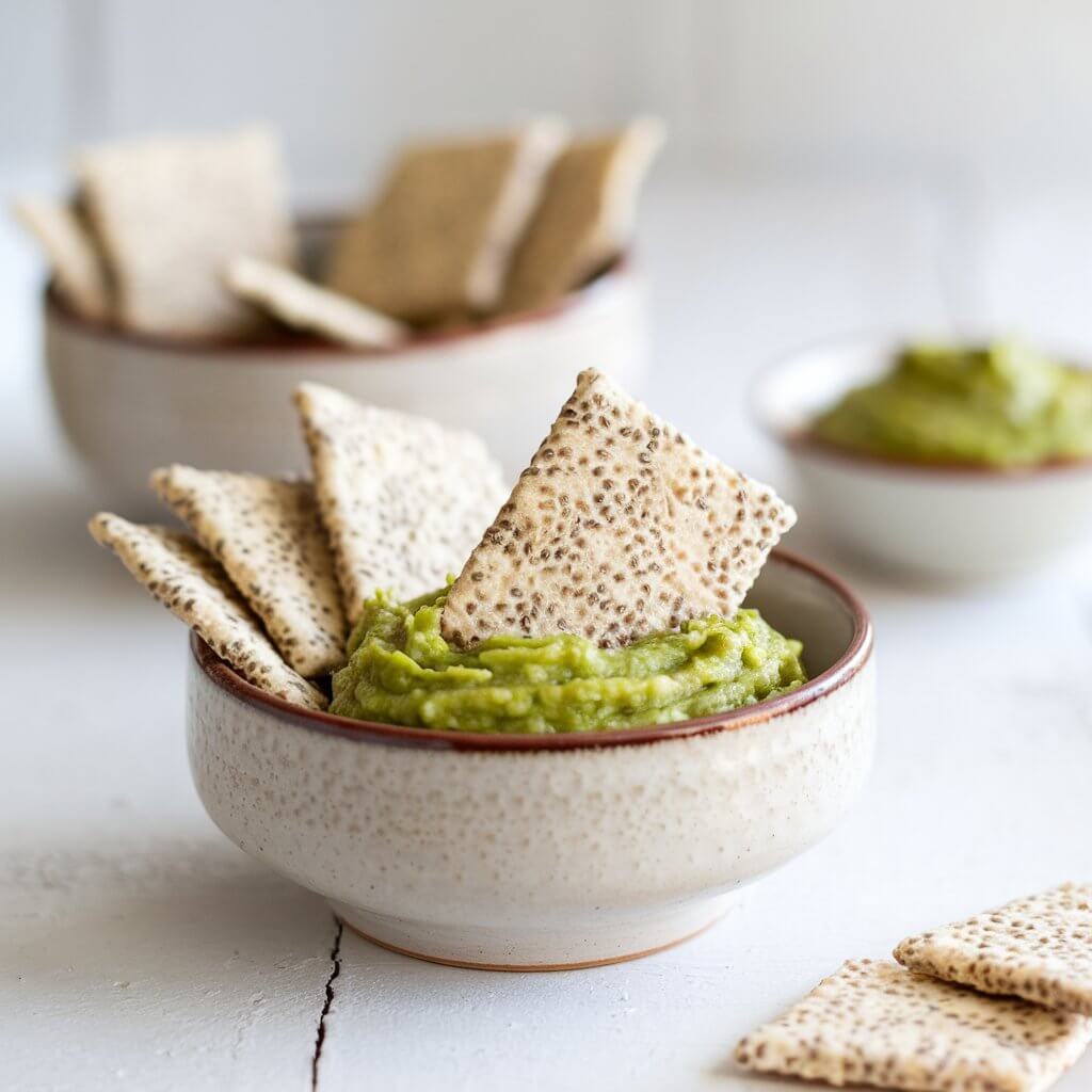 A photo of a rustic bowl containing homemade chia crackers. The crackers are light beige in color and speckled with tiny chia seeds, giving them a textured appearance. One of the crackers is dipped into a smaller bowl of vibrant green guacamole dip. In the background, there is another bowl filled with additional crackers, slightly out of focus, adding depth to the image. The bowls are ceramic and have a rustic, slightly textured finish. The overall scene is bright and inviting, with soft, natural lighting emphasizing the fresh and healthy vibe of the snack. The setting includes a white, minimalist surface with a clean and simple presentation.