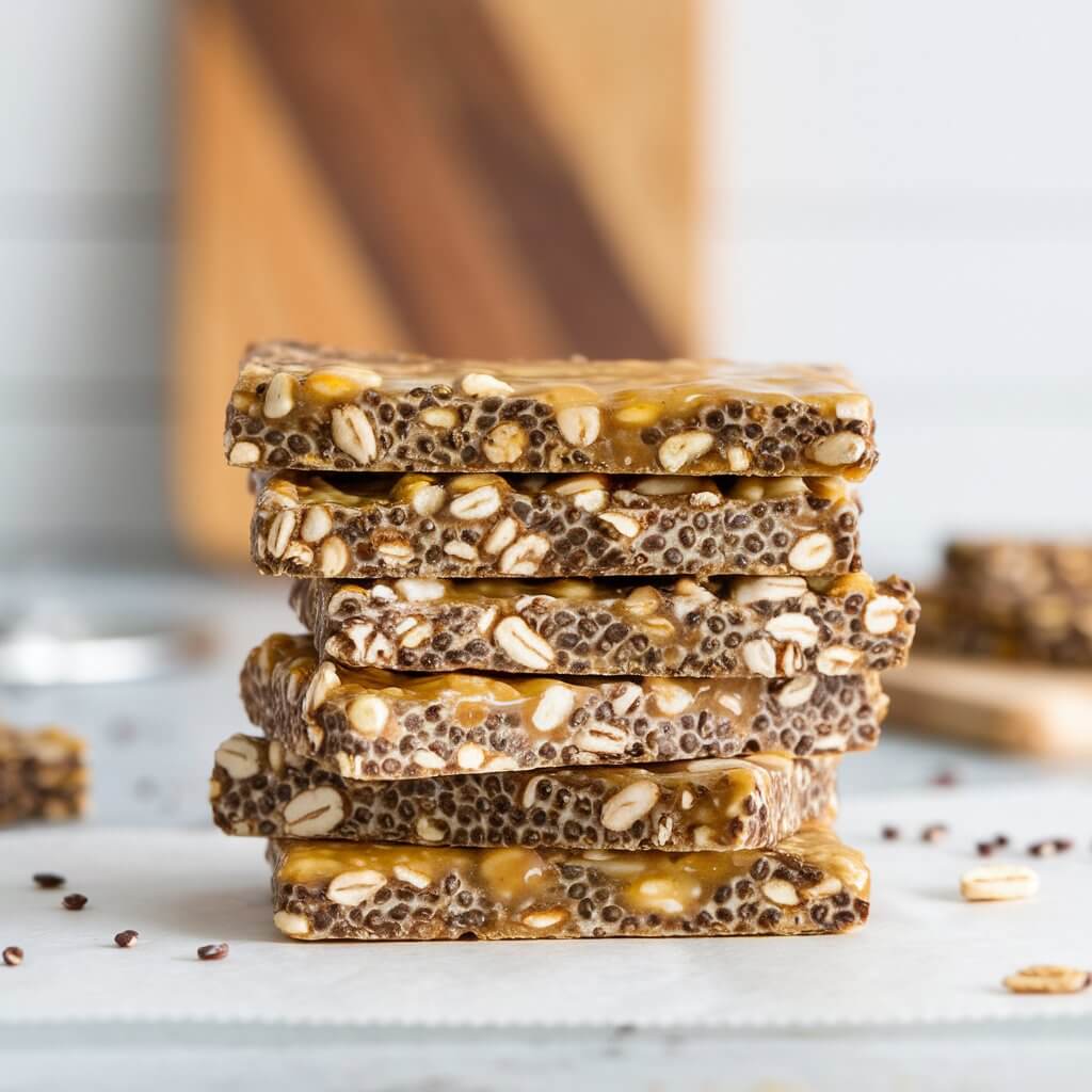 A close-up shot of a stack of rectangular chia seed energy bars. Each bar is studded with nuts, oats, and chia seeds, bound together with a golden honey glaze. The bars have a chewy texture, as indicated by their slightly uneven edges. The stack is placed on a bright white kitchen countertop. In the background, there's a cutting board with a few items scattered on it, adding a rustic touch to the scene.