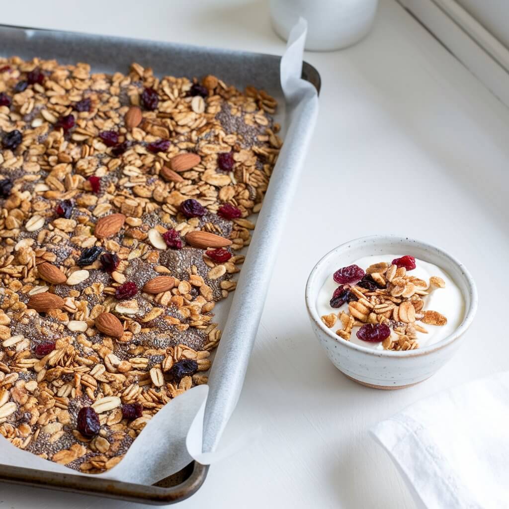 A photo of a baking tray with parchment paper, spread with freshly baked chia seed granola that's golden and crisp. The granola is dotted with almonds, oats, and dried cranberries. A small white ceramic bowl of yogurt topped with the granola is placed nearby. The overall scene is bright and inviting, with soft, natural lighting. The setting includes a white, minimalist surface with a clean and simple presentation.