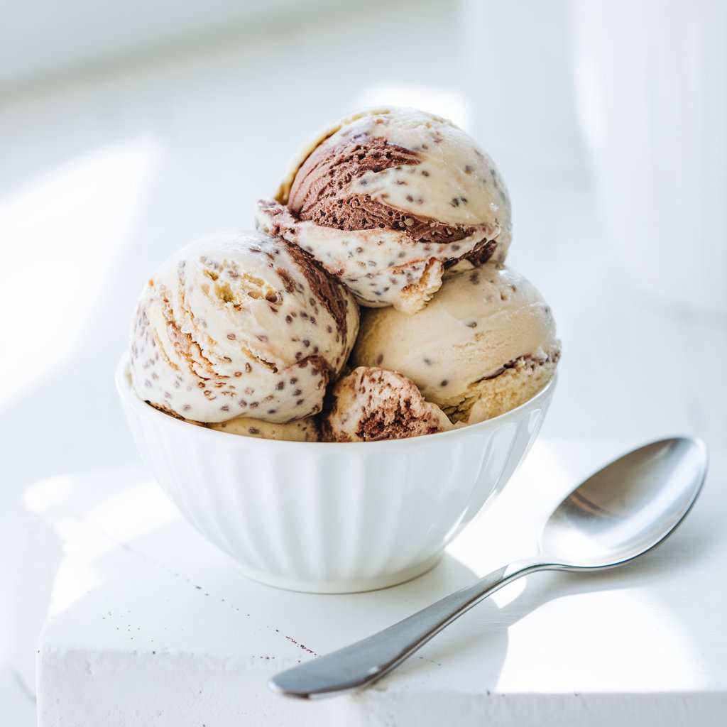 A bright and inviting image of a bowl of creamy ice cream, swirled with chocolate. The texture is smooth yet flecked with tiny bits of chia seeds, giving it a unique appearance. A silver spoon rests casually beside the bowl. The overall scene is bright and inviting, with soft, natural lighting emphasizing the fresh and healthy vibe of the snack. The setting includes a white, minimalist surface with a clean and simple presentation.