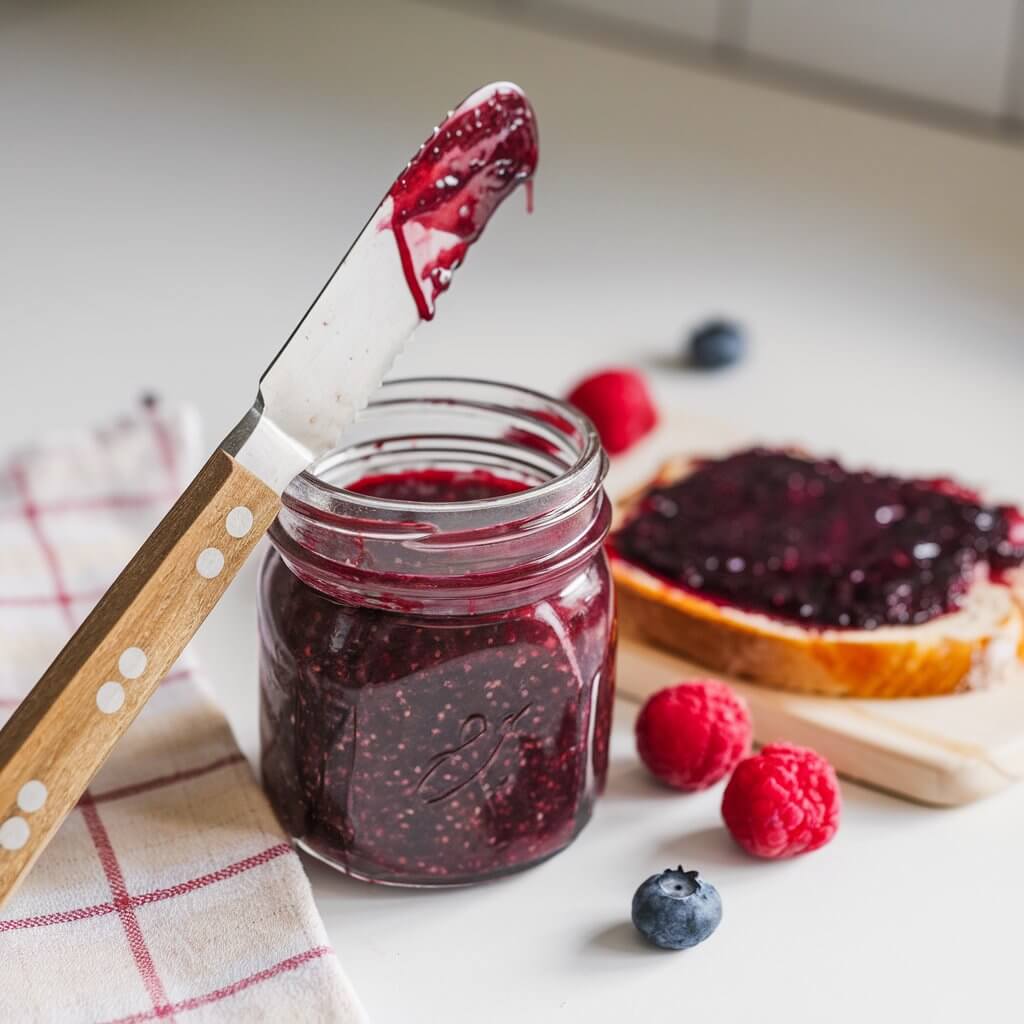 A photo of a small mason jar filled with deep red chia seed jam, with a slightly chunky texture and evenly distributed chia seeds. A rustic wooden knife leans against the jar, with a streak of the luscious jam on it. A slice of toast smeared with the jam is nearby, along with a few loose berries. The setup is on a bright white kitchen countertop. A faint checkered kitchen towel adds a touch of coziness to the scene.