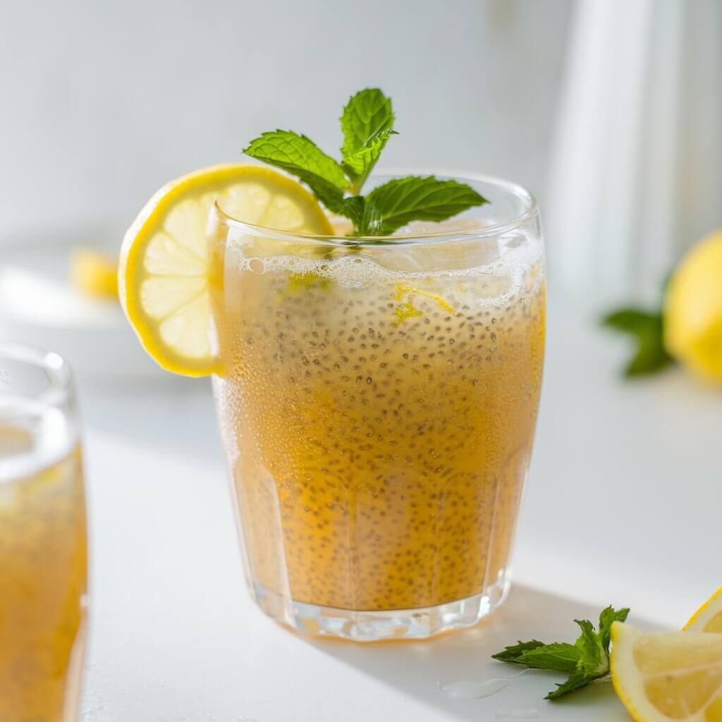 A photo of a glass of golden-yellow chia seed lemonade. The lemonade has a thick, creamy texture due to the chia seeds, which are visible as tiny specs suspended throughout the drink. There are also condensation droplets on the glass, which glisten in the light. The lemonade is topped with a fresh mint and lemon slice. The overall scene is bright and inviting, with soft, natural lighting. The setting is a white, minimalist surface with a clean and simple presentation.