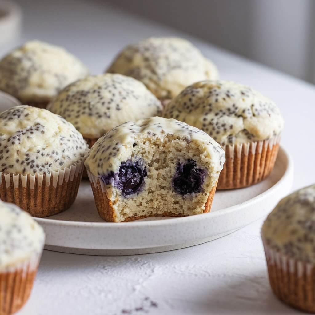 A photo of a white ceramic plate with fluffy chia seed muffins. Each muffin is mixed with tiny black chia seeds and has a domed top. One muffin has a bite taken out of it, revealing a moist, cooked blueberries and a tender crumb. The overall scene is bright and inviting, with soft, natural lighting. The setting includes a white, minimalist surface with a clean and simple presentation.