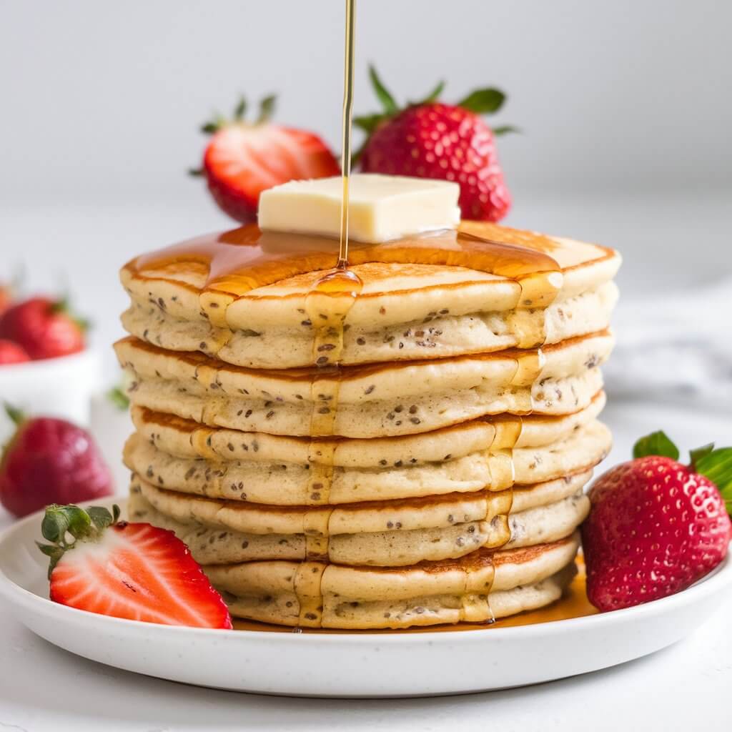 A photo of a stack of fluffy pancakes with a golden brown hue and slightly crisp edges. The pancakes are topped with a pat of melting butter, a drizzle of maple syrup, and fresh strawberries. Tiny specs of chia seeds are visible throughout the pancake layers, adding a delightful texture. The overall scene is bright and inviting, with soft, natural lighting emphasizing the fresh and healthy vibe of the snack. The setting includes a white, minimalist surface with a clean and simple presentation.