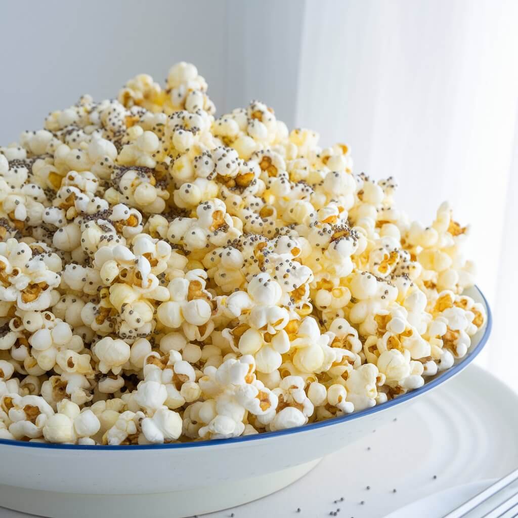 A photo of a large bowl of freshly popped popcorn, lightly drizzled with olive oil and sprinkled with tiny bits of chia seeds. The tiny specs of chia seeds adhere to the popcorn, adding a unique texture and nutritional boost. The overall scene is bright and inviting, with soft, natural lighting emphasizing the fresh and healthy vibe of the snack. The setting includes a white, minimalist surface with a clean and simple presentation.