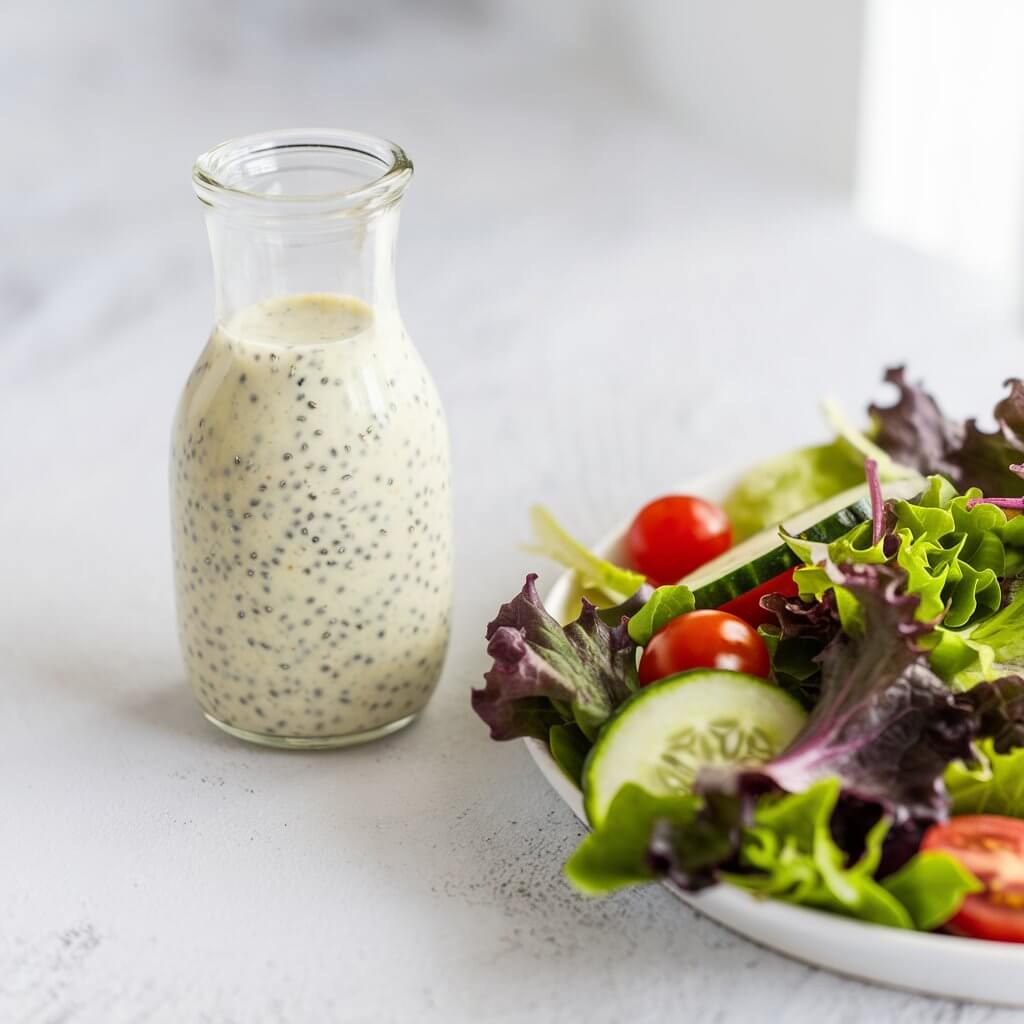 A bright and inviting photo of a glass bottle filled with cream salad dressing speckled with tiny black chia seeds. The bottle sits on a white, minimalist surface. Next to the bottle, there's a vibrant salad plate of mixed greens, cherry tomatoes, and cucumber slices. The salad is drizzled with the dressing. The overall scene has soft, natural lighting, emphasizing the fresh and healthy vibe of the snack.