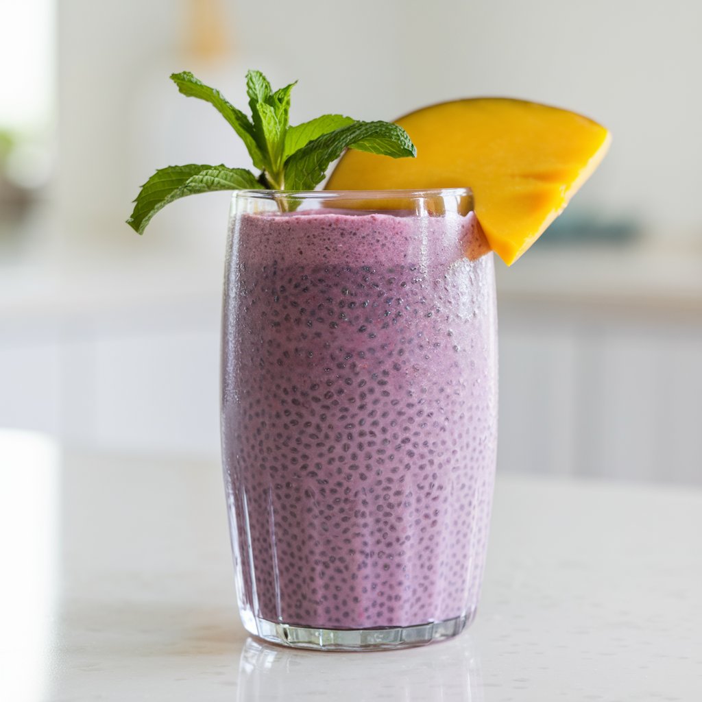 A photo of a frosty glass filled with a vibrant purple chia seed smoothie. The smoothie has a thick and creamy consistency. The glass is garnished with a sprig of mint and a slice of fresh mango perched on the rim. Chia seeds are visibly floating within the smoothie, adding texture to the drink. The glass is placed on a bright white kitchen countertop.