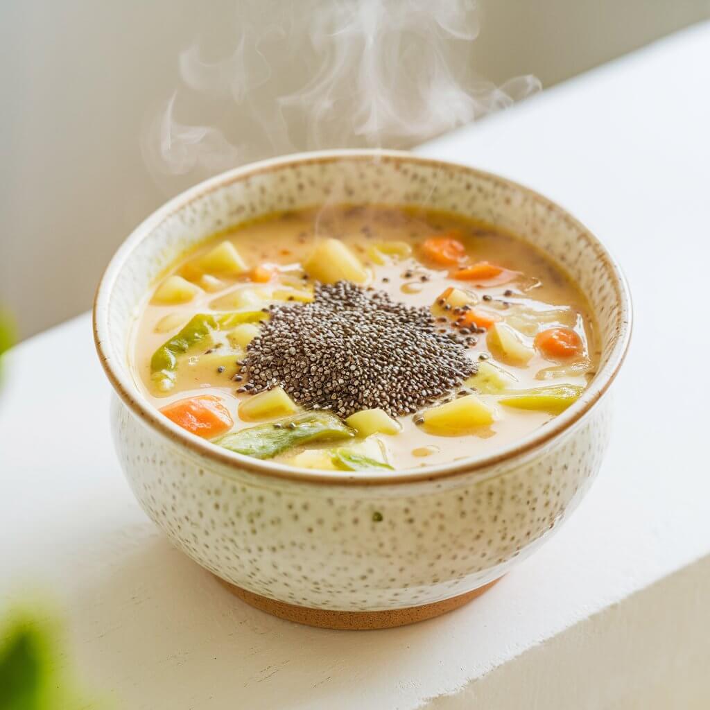 A photo of a steaming ceramic bowl of creamy vegetable soup with tiny chia seeds stirred in, visible as tiny black specks adding texture and richness. The overall scene is bright and inviting, with soft, natural lighting emphasizing the fresh and healthy vibe of the snack. The setting includes a white, minimalist surface with a clean and simple presentation.