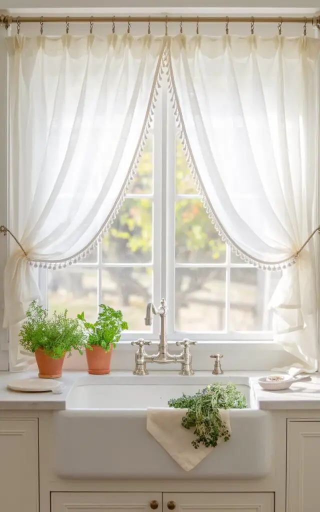 A bright and airy farmhouse kitchen sink with a faucet, featuring classic white sheer curtains elegantly draped above the window. The soft, translucent fabric allows sunlight to filter through, creating a warm and inviting ambiance. The sink is surrounded by a crisp white countertop, with fresh herbs in terracotta pots placed nearby, complementing the delicate look of the curtains. The faucet is a vintage-inspired design in brushed nickel, blending perfectly with the traditional charm of the kitchen.