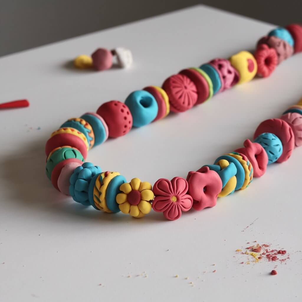 A photo of a close-up shot of vibrant clay beads in various shapes and sizes, arranged in a neat string to form a necklace. The beads showcase a mix of colors—bright reds, blues, yellows, and greens—each one with a polished and glossy finish. Some beads are round, while others are shaped into intricate designs like flowers and hearts. The necklace lies elegantly on a plain white table, with scattered unused clay pieces and a small sculpting tool nearby, giving a glimpse into the crafting process. The contrast between the colorful beads and the white background makes the image pop.