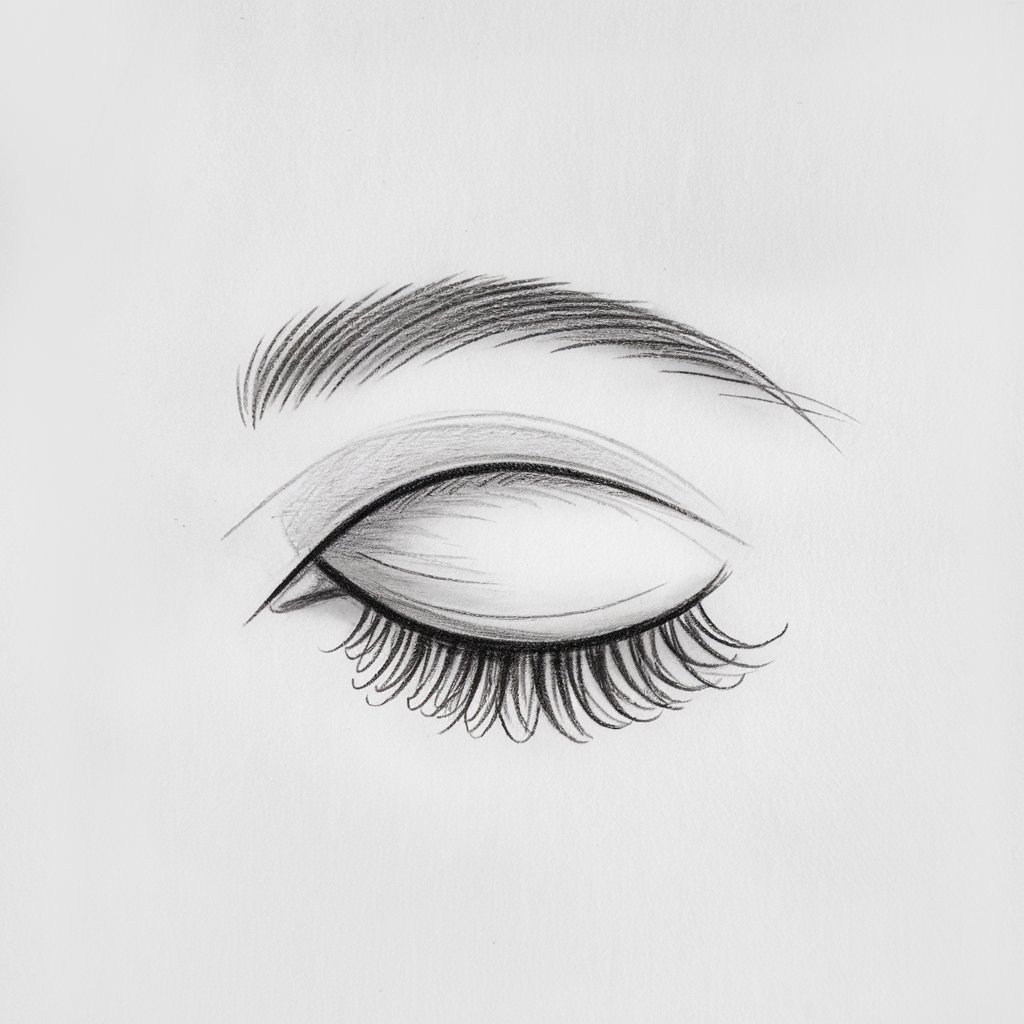 A minimalist pencil drawing of a closed eye with delicate curved lashes. The eyelid has a soft crease, and the simple lines give it a relaxed appearance. The drawing is done in a simplistic style, and the plain white background emphasizes the subject.