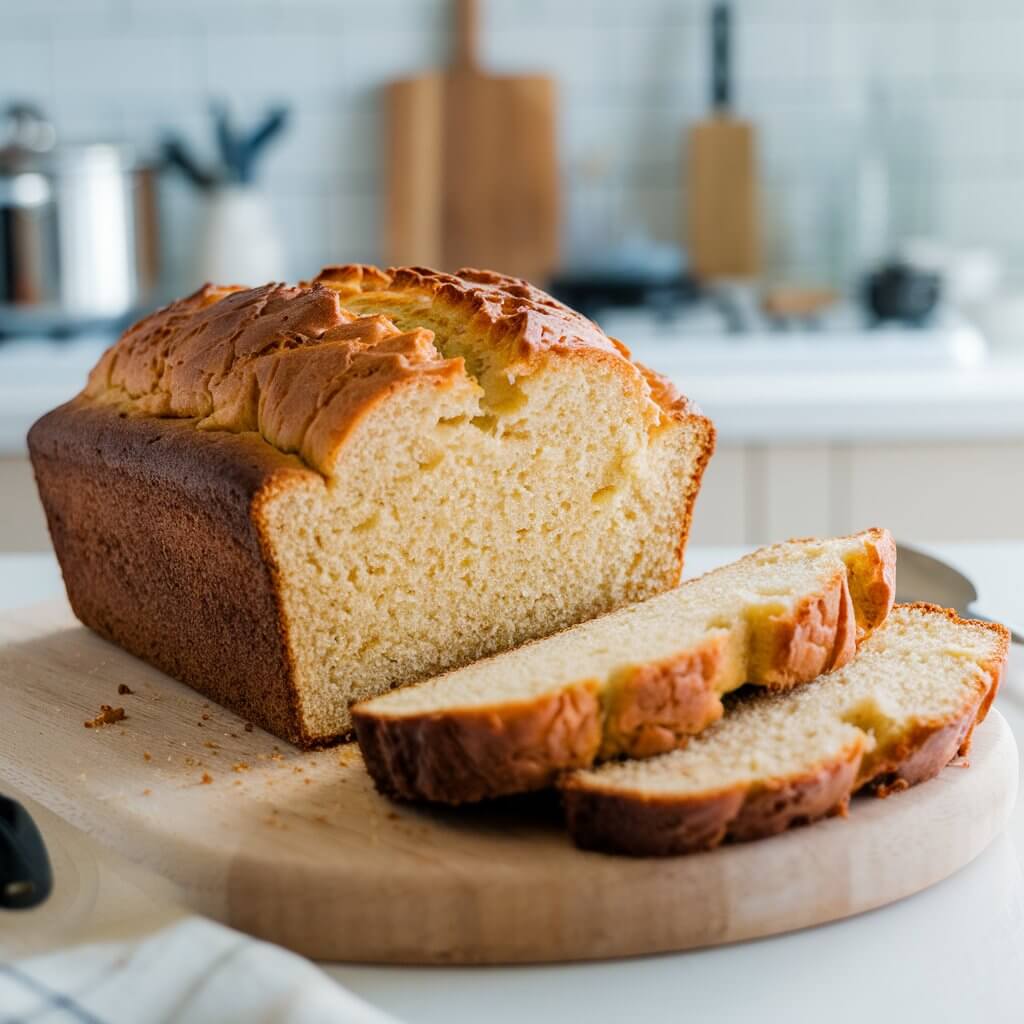 A photo of a freshly baked loaf of coconut milk bread sliced open to reveal its soft, pillowy interior. The bread has a golden-brown crust and is placed on a cutting board. The cutting board is placed on a bright white kitchen countertop. The background contains a few kitchen items such as a pot and a spoon.