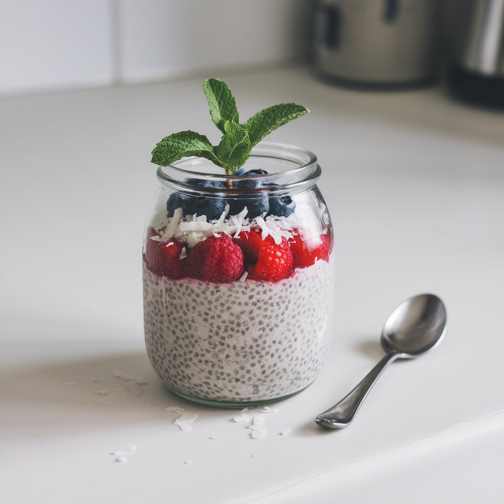 A photo of a glass jar filled with coconut milk chia pudding on a white kitchen countertop. The pudding is layered with bright berries and shredded coconut. The top of the pudding is garnished with a sprig of fresh mint and a small spoon is placed against the jar. The background is clean and uncluttered.