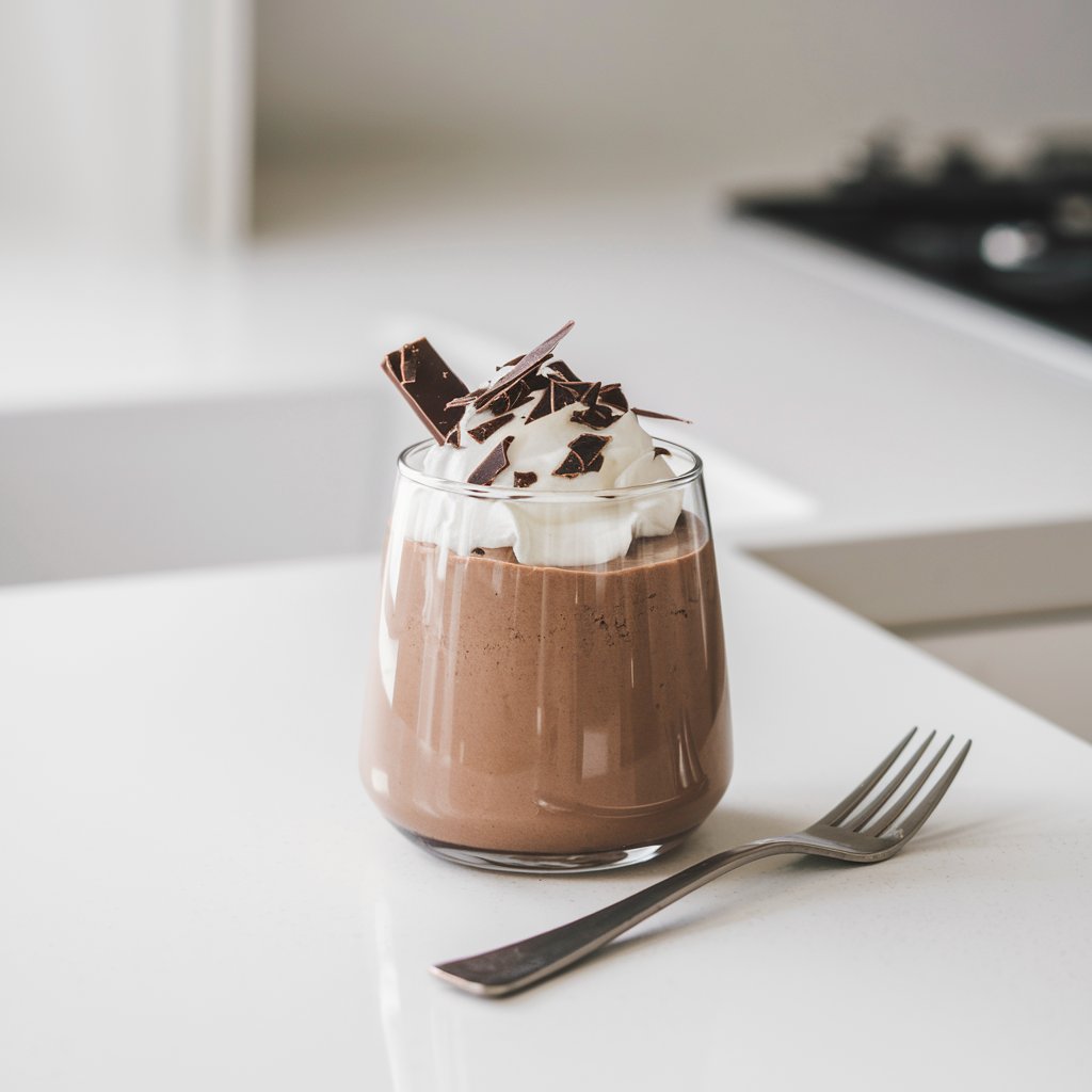 A photo of a sleek glass filled with coconut milk chocolate mousse, topped with whipped coconut cream and shaved dark chocolate. The glass is placed on a bright white kitchen countertop. There is a fork next to the glass. The background is clean and simple.