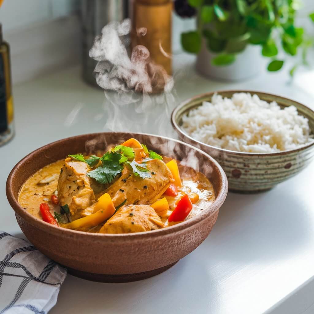 A photo of a steaming ceramic bowl of coconut milk curry on a bright white kitchen countertop. The curry is brimming with chunks of very cooked tender chicken, vibrant bell peppers, and flecks of cilantro. Next to the bowl of curry is a ceramic bowl of fluffy white rice. The background contains kitchen utensils and a green plant.