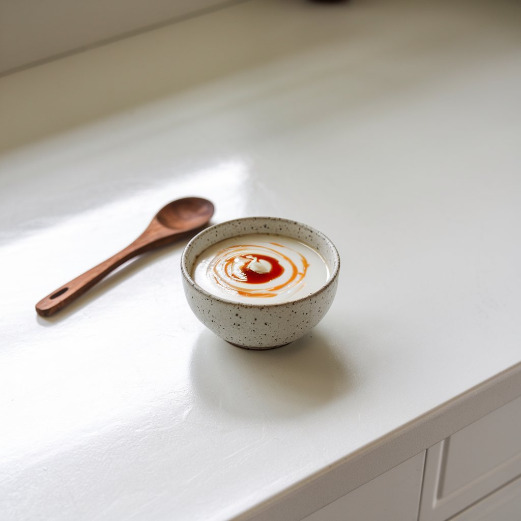 A photo of a small bowl containing coconut milk dipping sauce swirled with a hint of peanut butter and soy sauce. The bowl is placed on a bright white kitchen countertop. There is a wooden spoon next to the bowl. The background is clean and spotless.