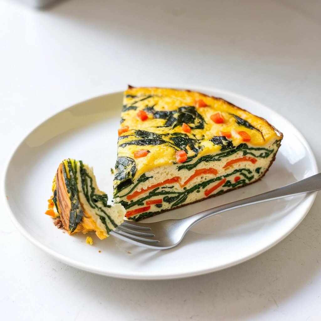 A slice of vibrant coconut milk frittata with colorful layers of spinach, a few chopped red bell peppers, and cheese. The frittata is served on a white plate placed on a bright white kitchen countertop. A fork with a bite of the frittata is casually laid nearby to hint at the ingredients.