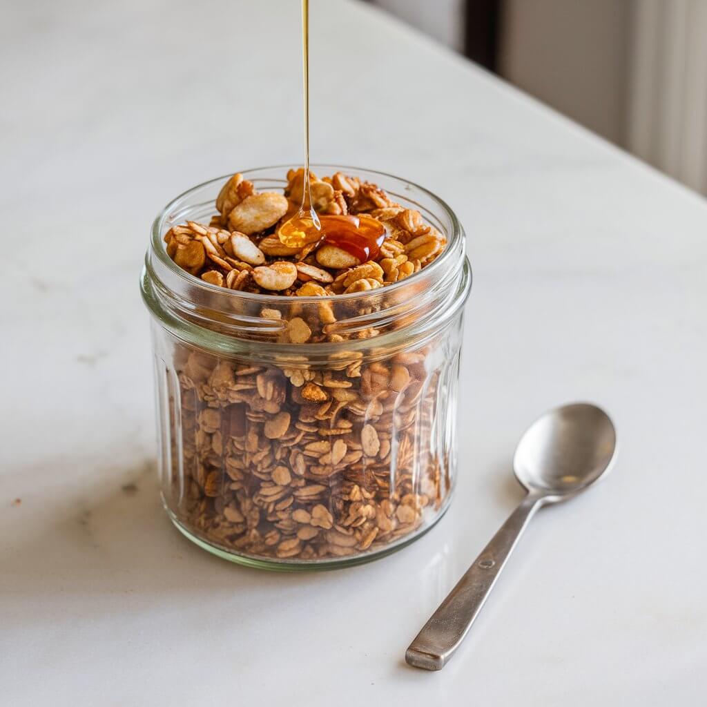 A photo of a glass jar filled with golden-baked coconut milk granola on a bright white kitchen countertop. There is a drizzle of honey on the granola, which adds a glistening effect. A small spoon lies diagonally beside the jar, adding a touch of rustic elegance.