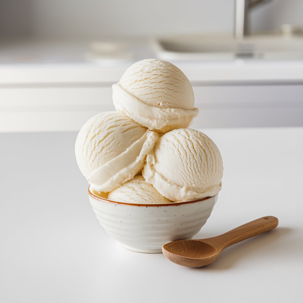 A photo of three scoops of creamy bright white coconut milk ice cream stacked in a small white bowl. The bowl is placed on a bright white kitchen countertop. There is a wooden spoon next to the bowl. The background is clean and spotless.