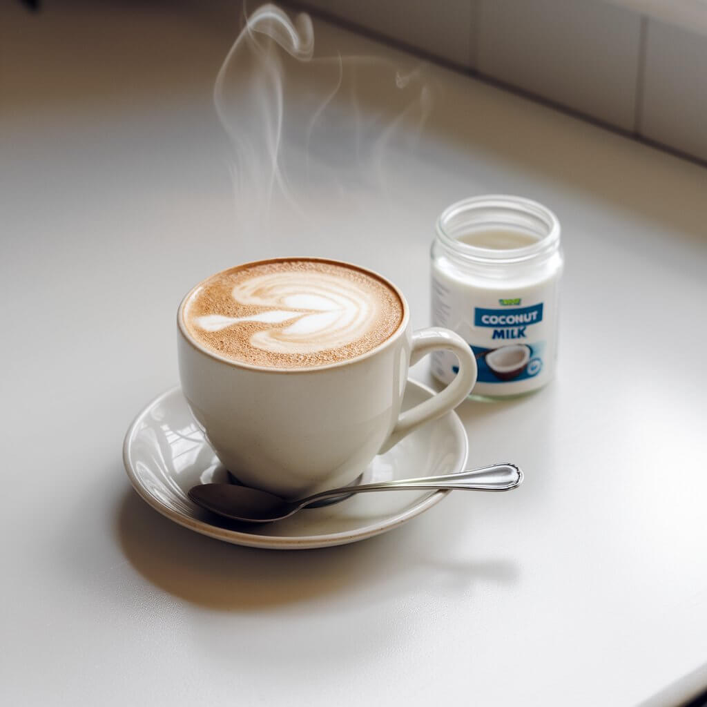 A photo of a steaming cup of coconut milk latte with delicate latte art, resting on a white ceramic mug. The mug sits on a bright white kitchen countertop. A saucer holds the mug, with a silver spoon placed elegantly across it. Next to the mug, a small jar of coconut milk is placed. The background is clean and minimalistic.