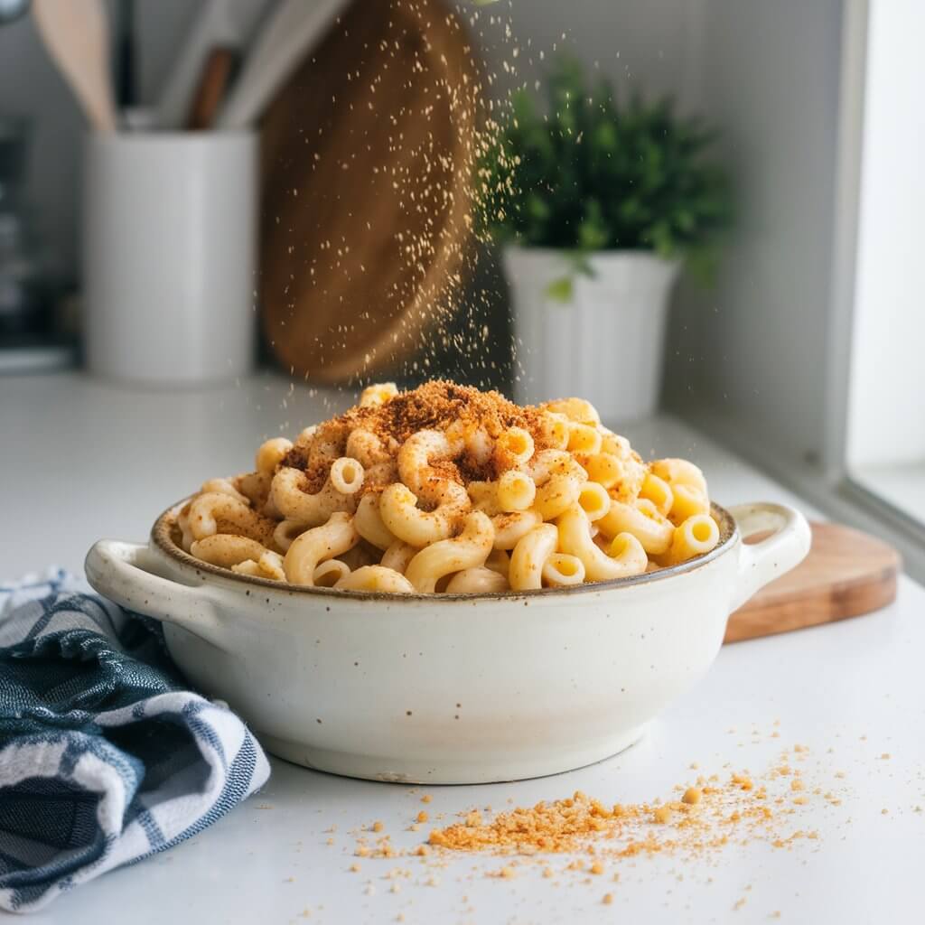 A photo of a white ceramic bowl filled with creamy coconut milk mac and cheese with elbow pasta. The dish is served on a bright white kitchen countertop. The mac and cheese is topped with a pinch of tiny golden breadcrumbs scattered around and a sprinkle of paprika for a rustic touch. There are kitchen utensils and a plant in the background.