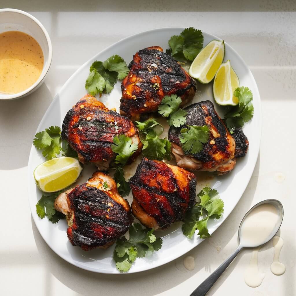 A photo of a white platter with dark-browned grilled coconut milk marinated chicken thighs. The chicken is garnished with fresh cilantro and lime wedges. The platter is placed on a bright white kitchen countertop. A small bowl of marinade and a spoon with drips of coconut milk sauce are also present.