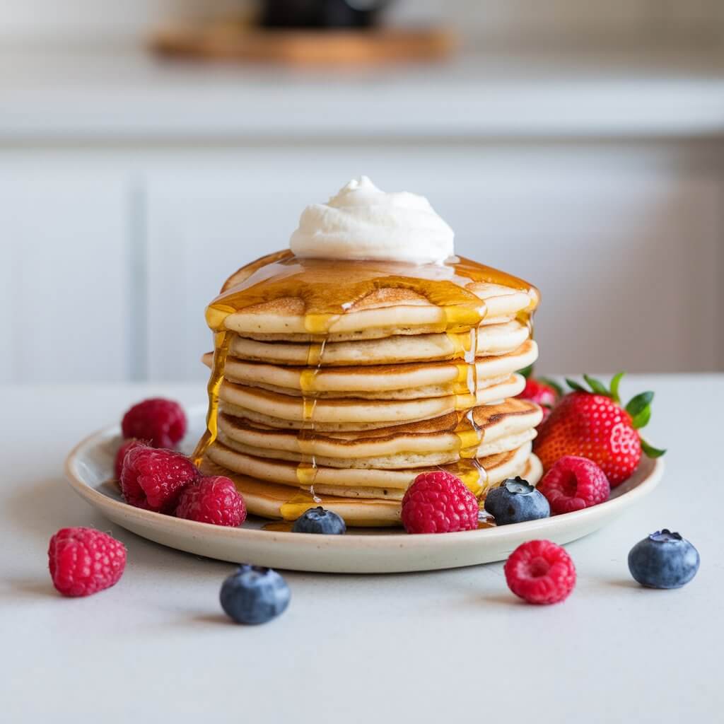 A photo of a stack of golden coconut milk pancakes drizzled with maple syrup, topped with a dollop of whipped cream, sits on a white ceramic plate on a bright white kitchen countertop. Fresh berries, including raspberries, blueberries, and strawberries, are scattered around the plate.