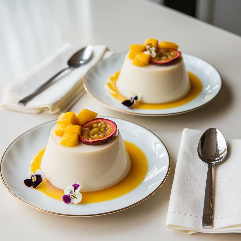 A photo of two perfectly set coconut milk panna cottas on white plates, each topped with a glossy fruit compote of mango and passion fruit. The panna cottas are placed on a bright white kitchen countertop. The panna cottas are adorned with tiny edible flowers. There is a small spoon and a napkin elegantly arranged beside each plate.