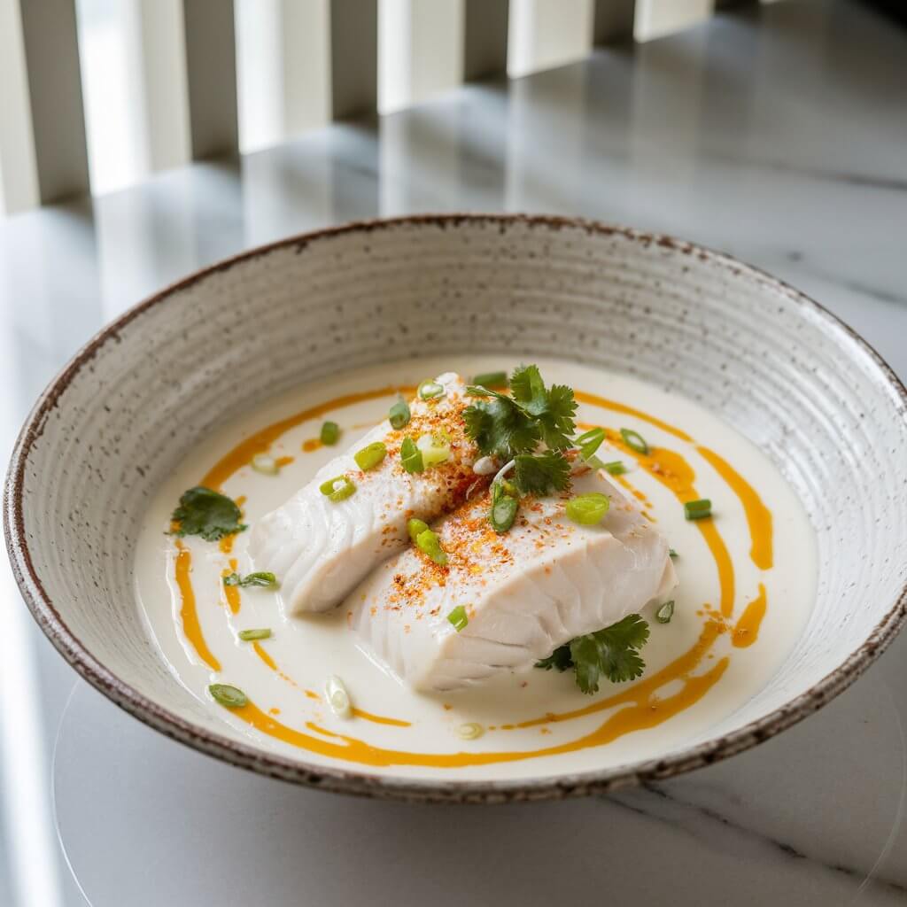 A photo of a beautifully presented dish featuring poached fish in a creamy coconut milk sauce. The dish is served in a deep, rustic white ceramic bowl with a glossy finish. The fish fillets are generously coated with the white, smooth coconut milk sauce, which is speckled with vibrant garnishes. The toppings include finely chopped green onions, fresh cilantro leaves, and a sprinkling of red chili flakes, adding a pop of color and flavor contrast. Drizzles of golden-orange chili oil are streaked across the surface, creating a visually striking effect against the creamy base. The dish has a rich and inviting appearance, with a perfect balance of textures and colors. The bowl sits on a reflective white marble countertop surface, and in the background, a faint view of vertical window blinds and muted natural light provides a soft ambiance, enhancing the overall aesthetic of the presentation.