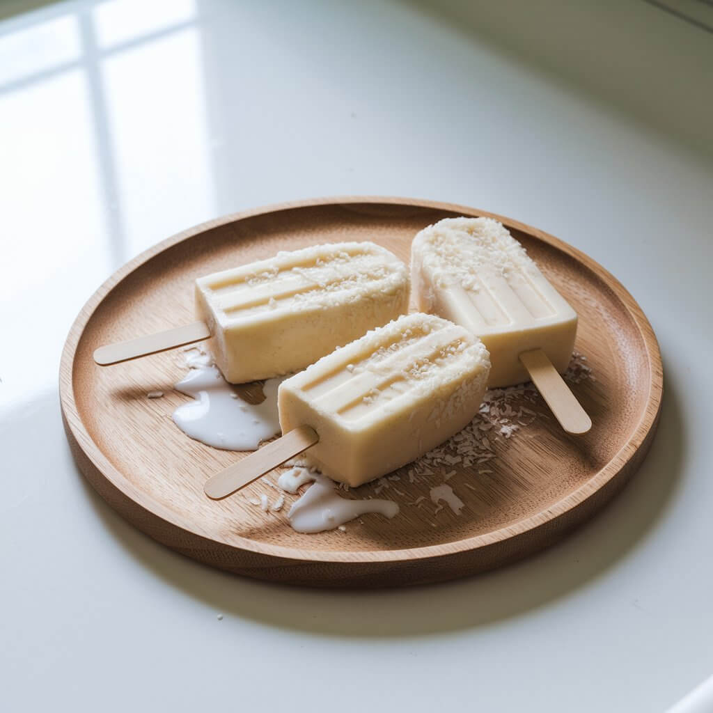 A photo of three coconut milk popsicles on wooden sticks artfully arranged on a wooden tray. The tray is placed on a bright white kitchen countertop. There is a light dusting of shredded coconut on top of the popsicles, giving them a frosty effect. Melted droplets have formed tiny puddles at the bottom of the popsicles, adding a playful feel to the image.