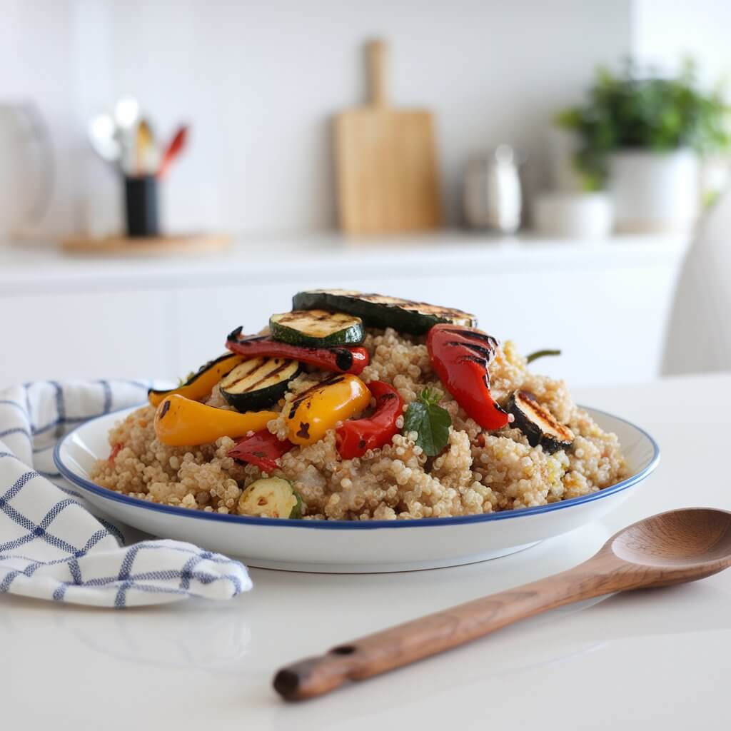 A photo of a plate of coconut milk quinoa studded with grilled vegetables like bell peppers and zucchini, placed on a bright white kitchen countertop. A wooden spoon is placed beside the plate. The vegetables are charred and have a smoky flavor. The quinoa is creamy and rich in taste due to the coconut milk. The background is clean and simple, with a few utensils and a plant.