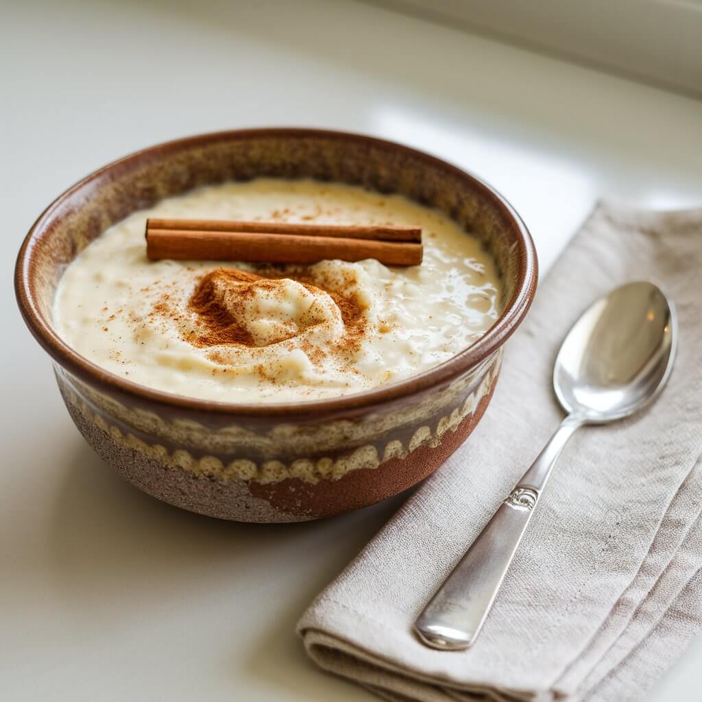 A photo of a rustic ceramic bowl filled with creamy coconut milk rice pudding. The pudding has a golden hue and is garnished with a cinnamon stick and a light dusting of ground cinnamon. The bowl is placed on a bright white kitchen countertop. A silver spoon is resting on a folded linen napkin beside the bowl.